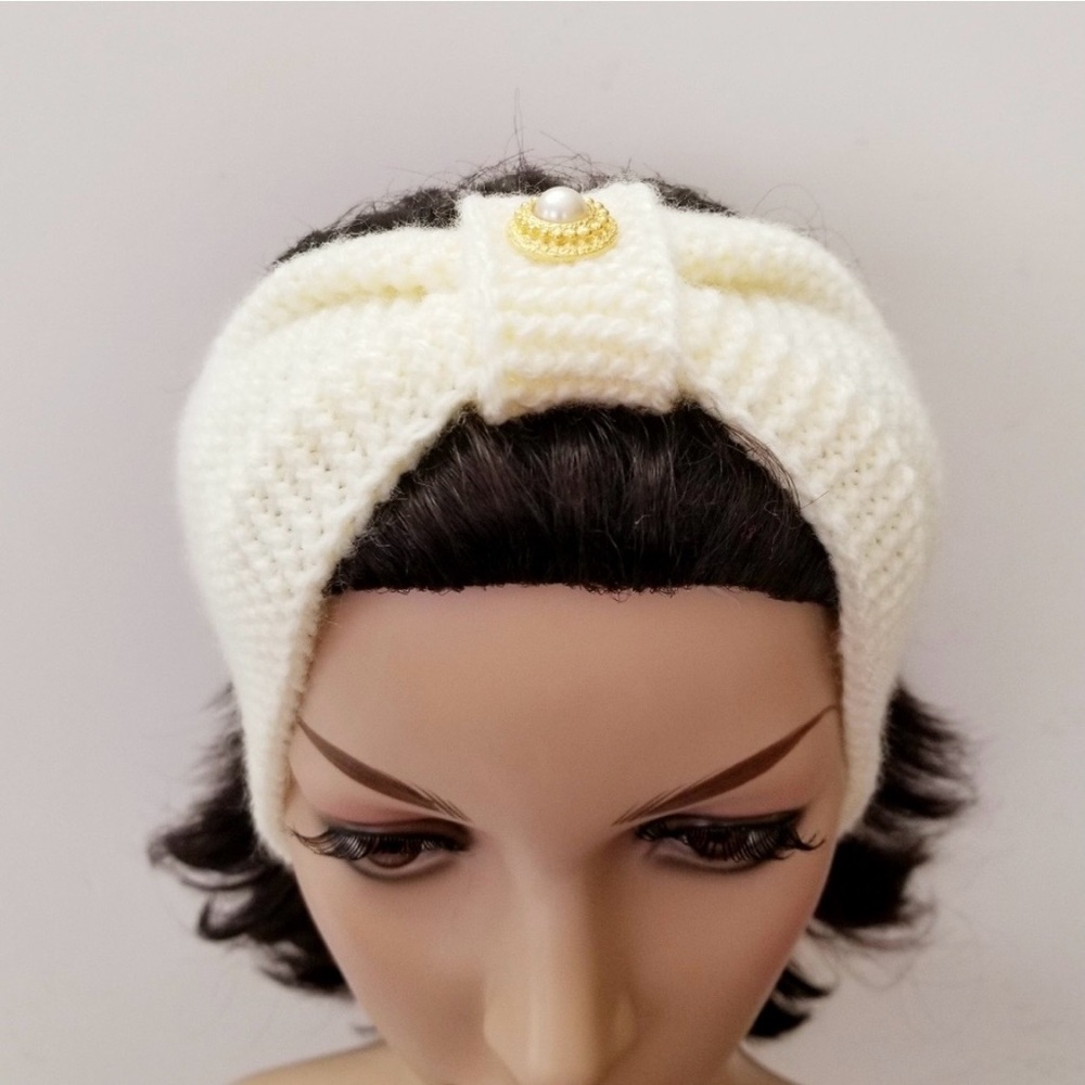 Beautiful light Ivory handmade Knit Headband with Gold Accent. New Model picture